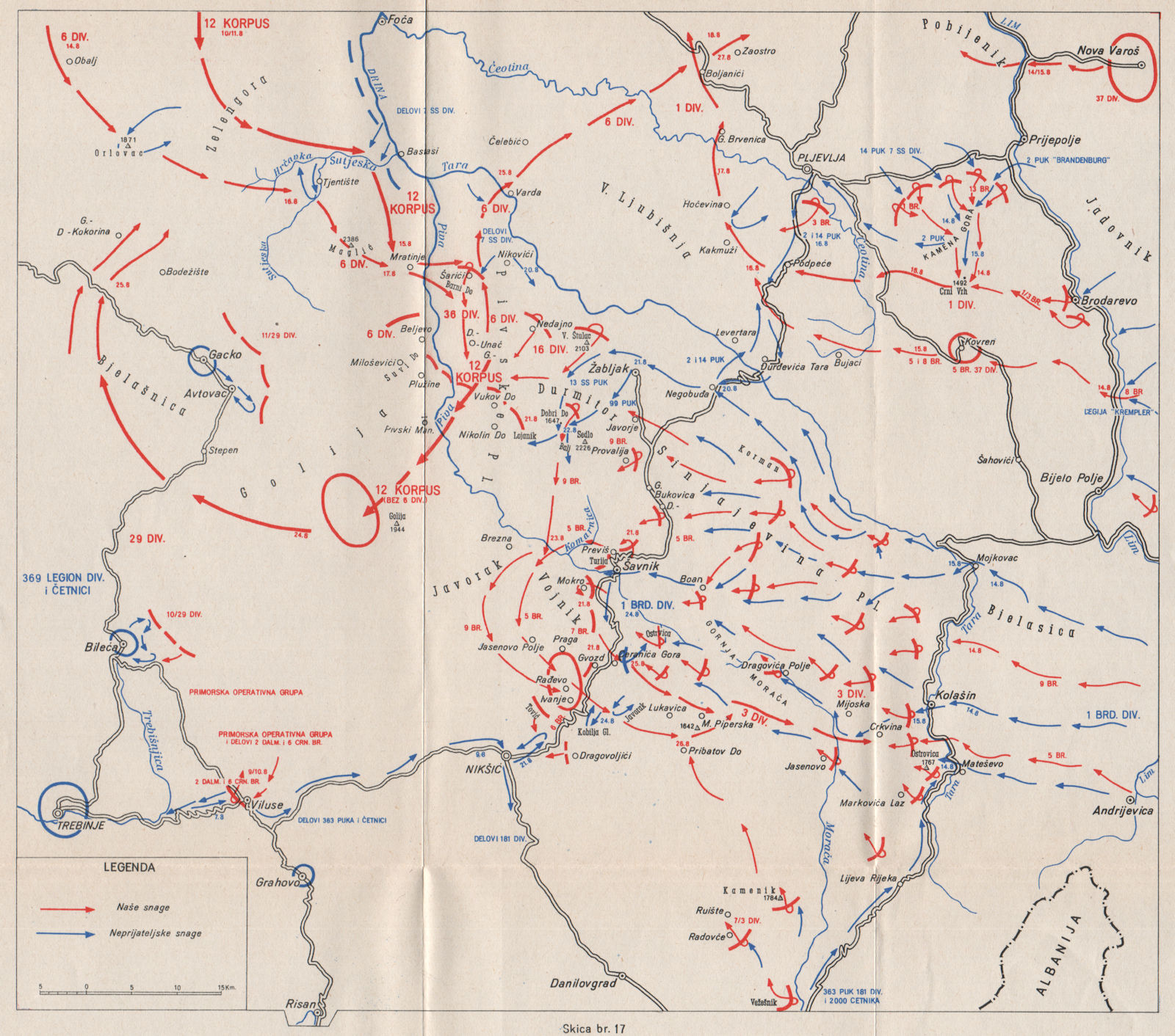 MONTENEGRO. Durmitor Operation 12-26 August 1944.Pljevlja Savnik Niksic 1957 map