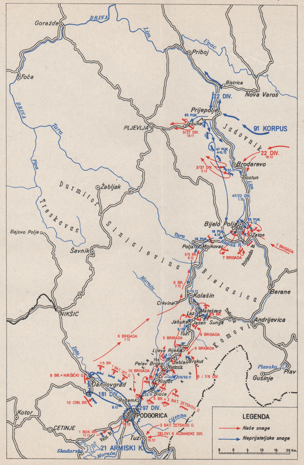 MONTENEGRO. Final Battles September-December 1944. Podgorica Sandzak 1957 map