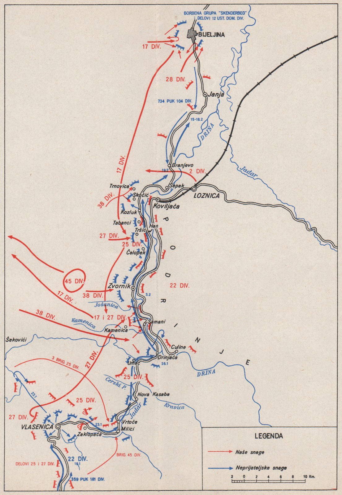 YUGOSLAVIA.Combat ops.Drina valley.Jan 1945.Loznica Bijeljina Vlasenica 1957 map