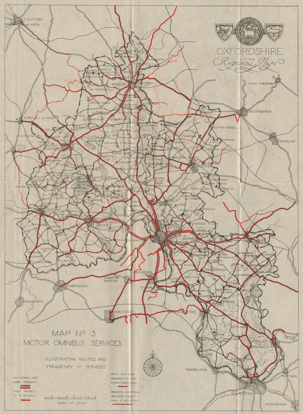 Associate Product OXFORDSHIRE. Bus routes/frequency."Motor Omnibus Services". ABERCROMBIE 1931 map