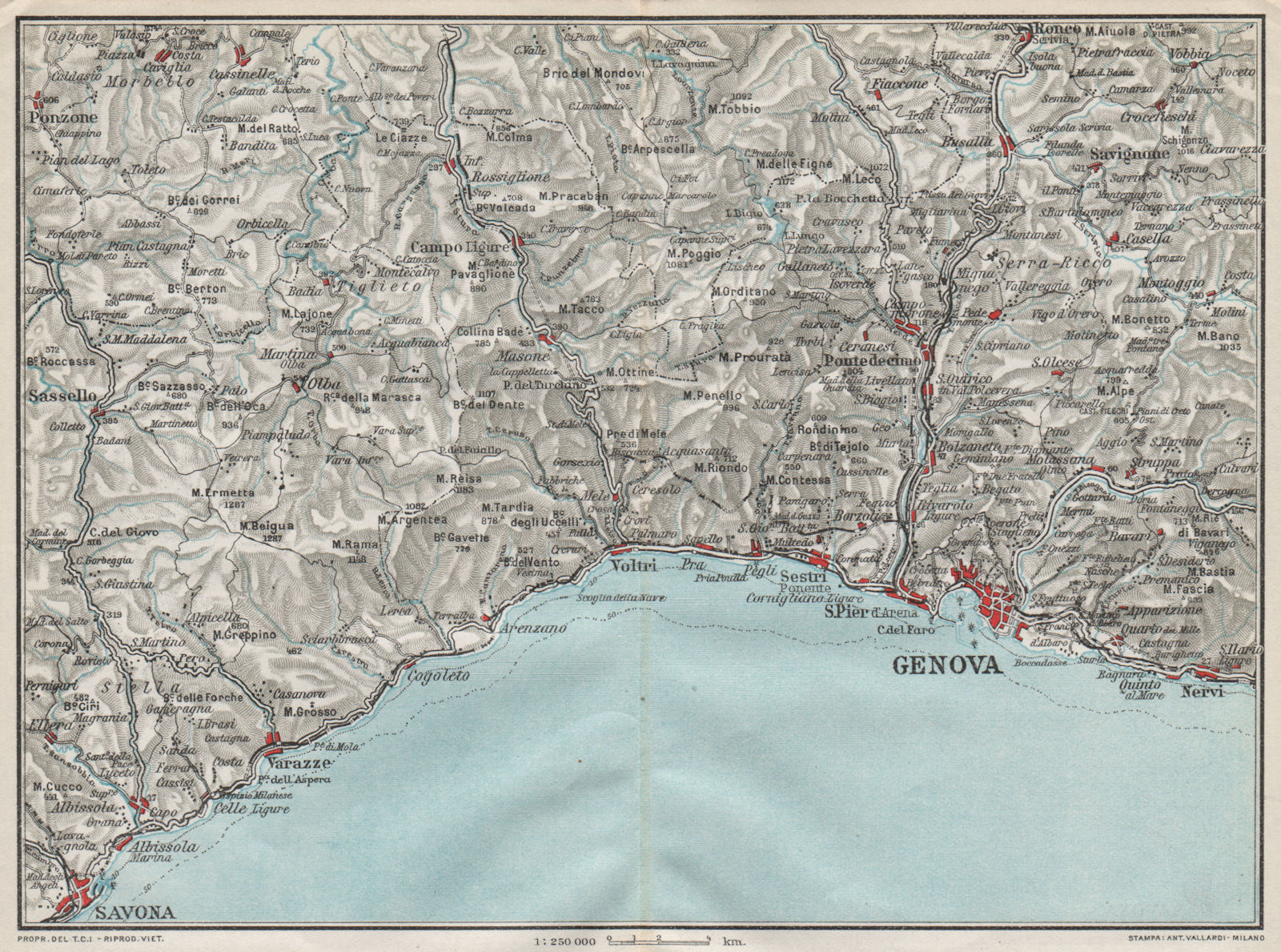 Associate Product ITALIAN RIVIERA LIGURE PONENTE. Genova Genoa Savona Nervi Varazze 1924 old map