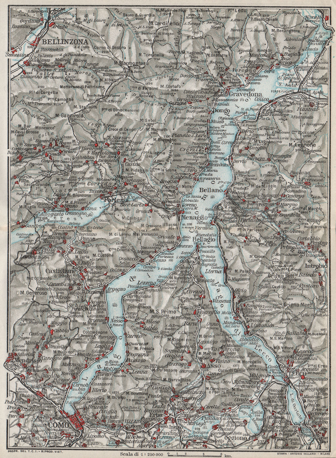 LAKE LAGO DI COMO. Vintage map plan. Bellinzona Lecco. Italy 1924 old