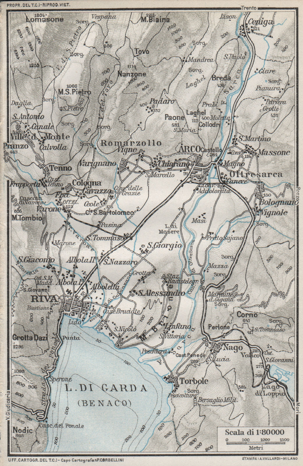 Associate Product LAKE LAGO DI GARDA (BENACO) . Riva Arco &c. Vintage map plan. Italy 1924