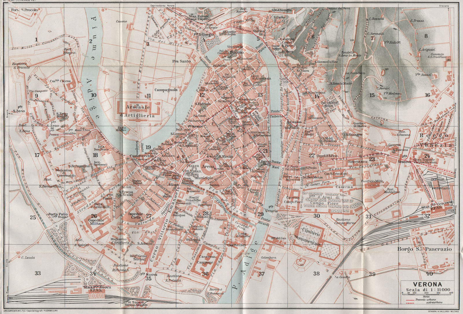 VERONA. Vintage town city map plan. Italy 1924 old vintage chart