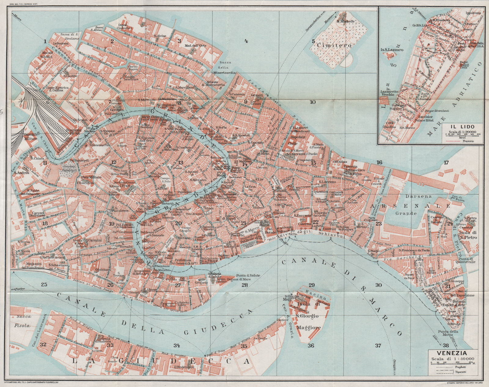 VENEZIA. Vintage town city map plan. Inset Lido. Venice 1924 old vintage