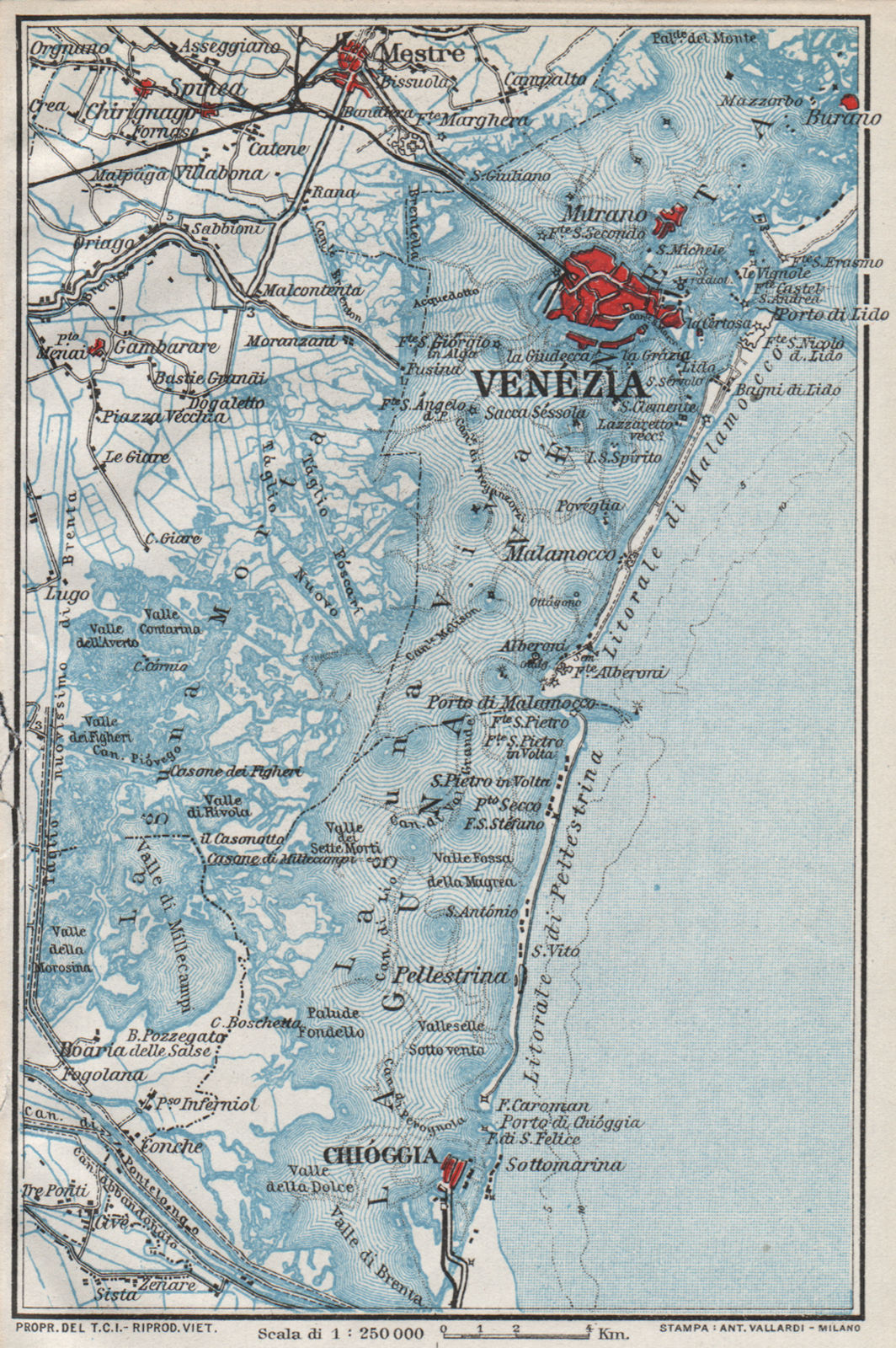 LAGUNA VENETA. Venice & its lagoon. Vintage map plan. Venezia 1924 old
