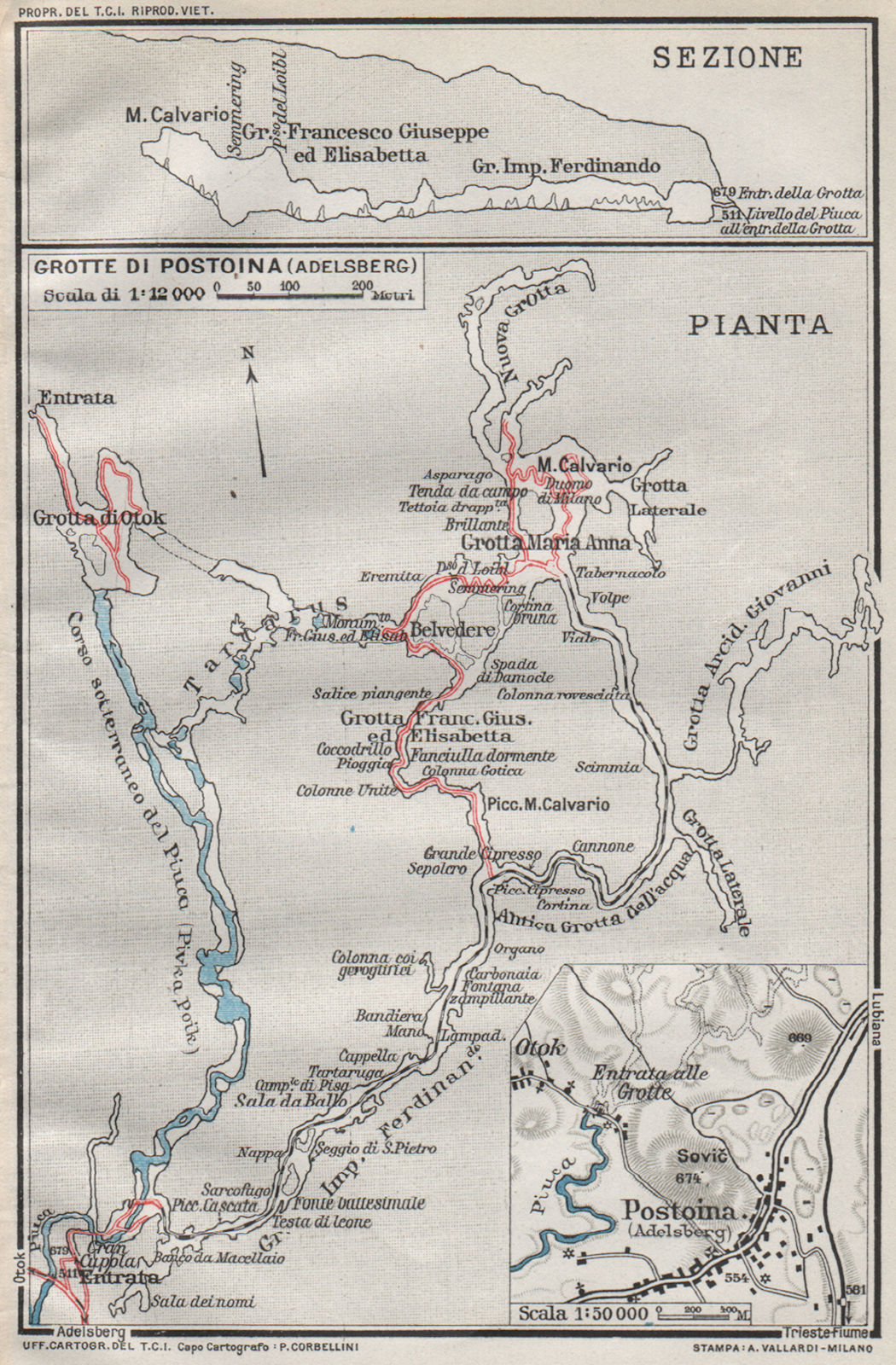 Associate Product POSTOJNA CAVES. Postojnska jama. Grotte di Postojna. Vintage map. Slovenia 1924