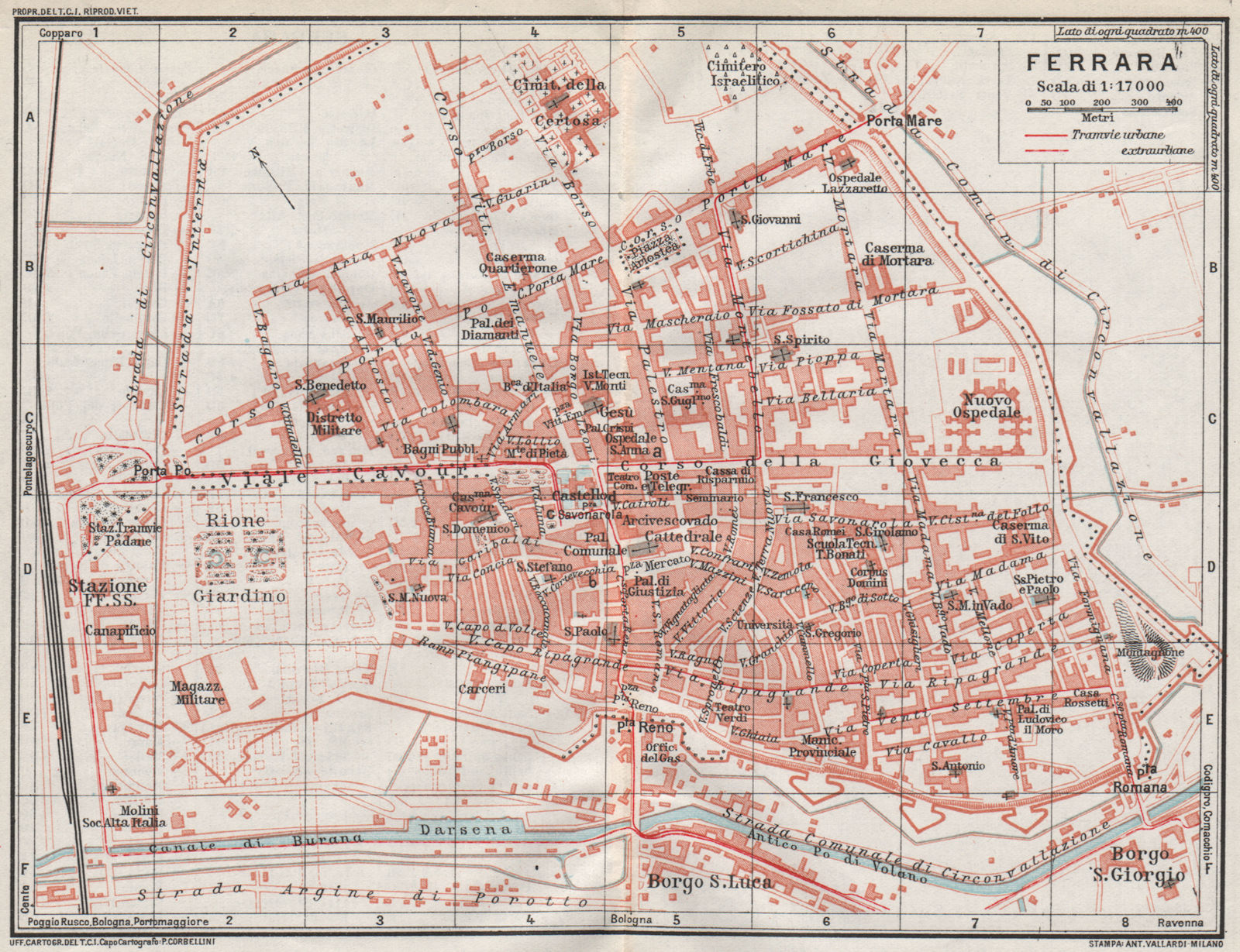 FERRARA. Vintage town city map plan. Italy 1924 old vintage chart