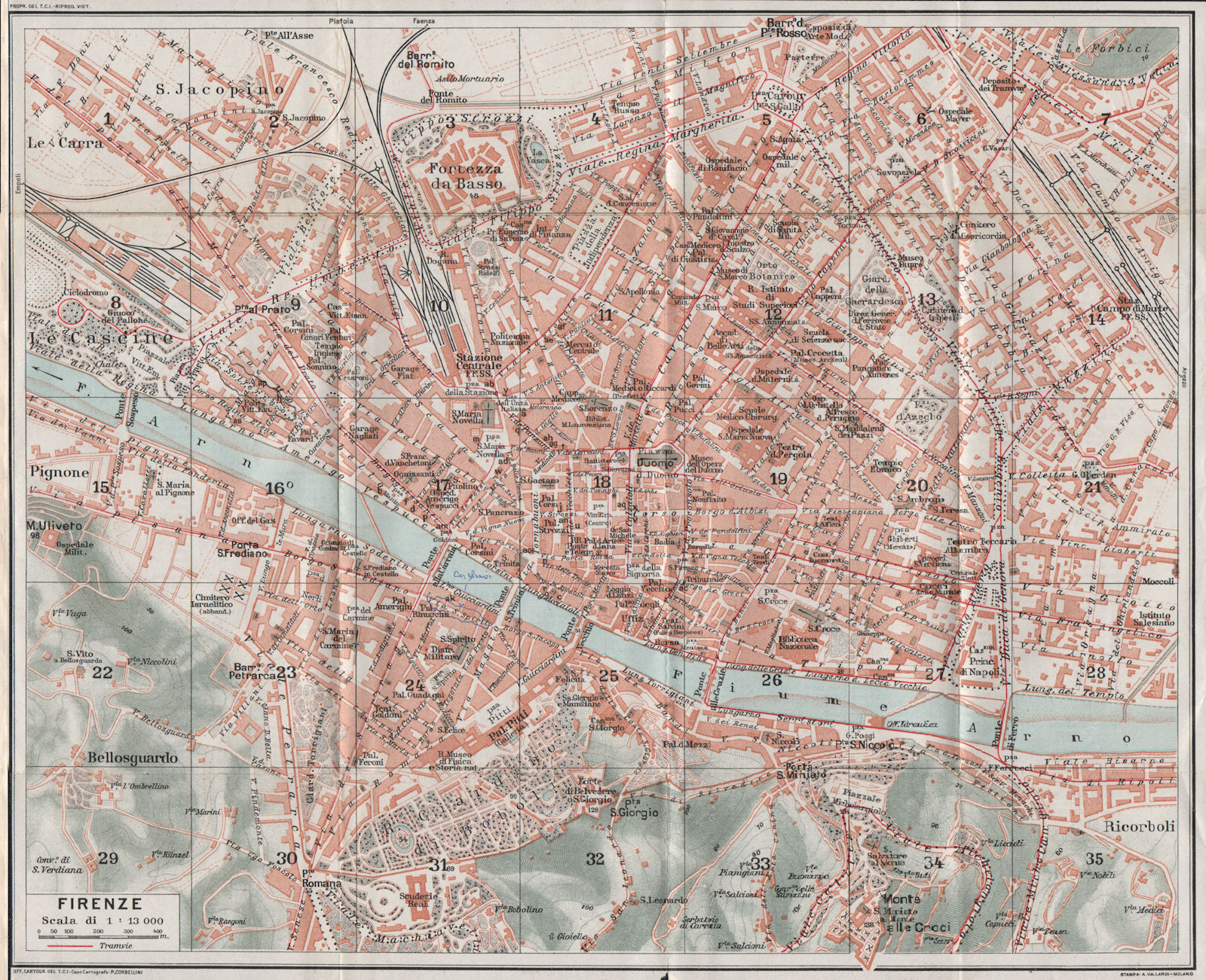 FLORENCE FIRENZE. Vintage town city map plan. Italy 1924 old vintage chart