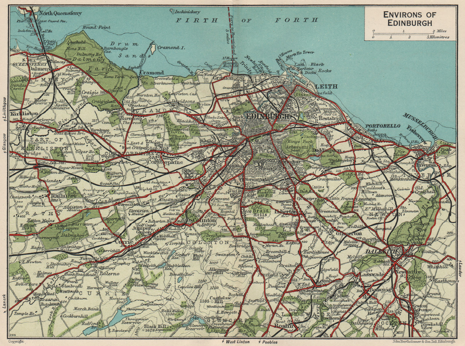 ENVIRONS OF EDINBURGH. Vintage map plan. Leith Dalkeith Scotland 1932 old