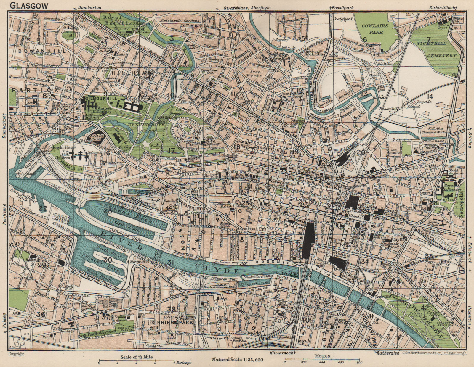 GLASGOW. Vintage town city map plan. Scotland 1932 old vintage chart