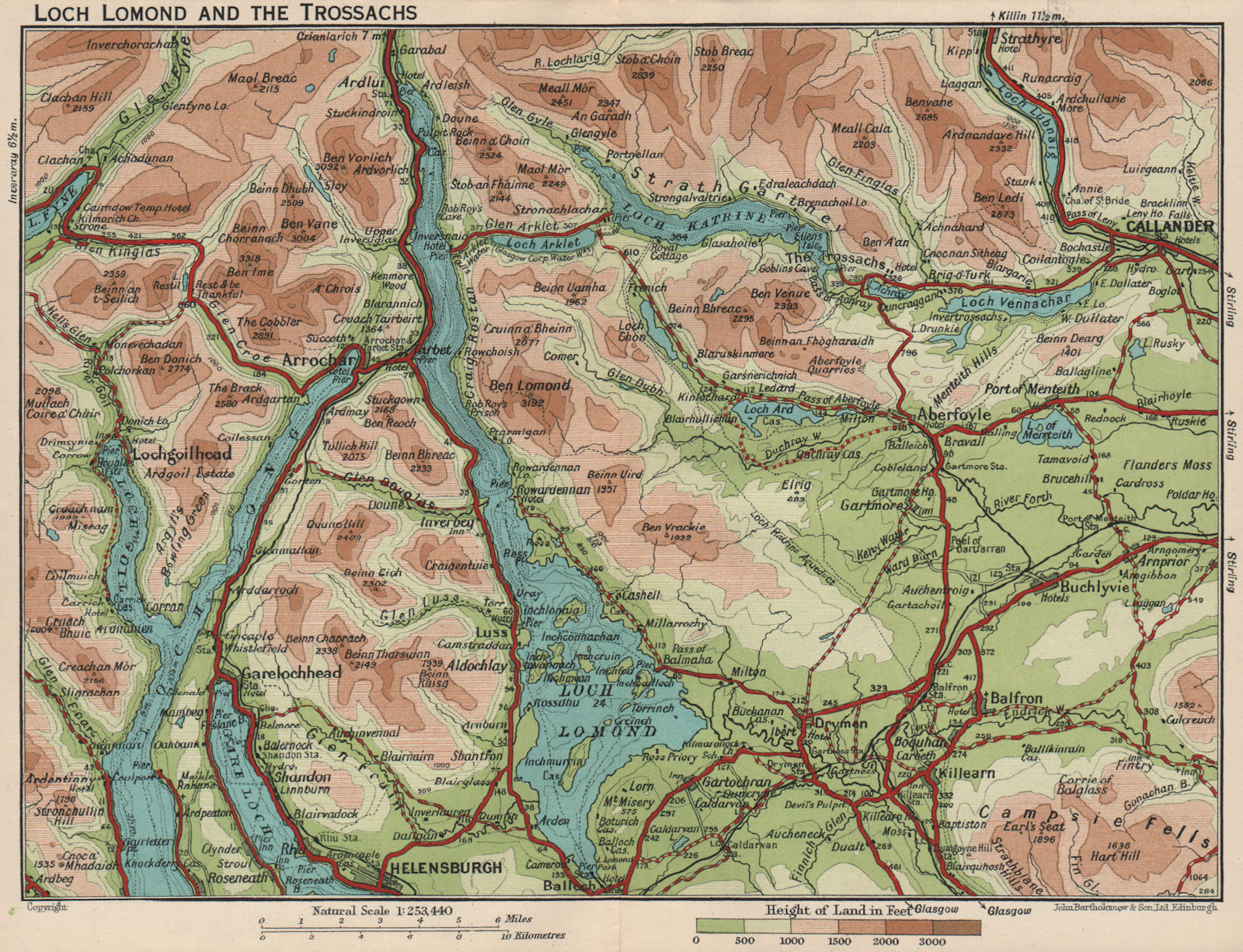 LOCH LOMOND & THE TROSSACHS. Vintage map. Helensburgh Callander Scotland 1932