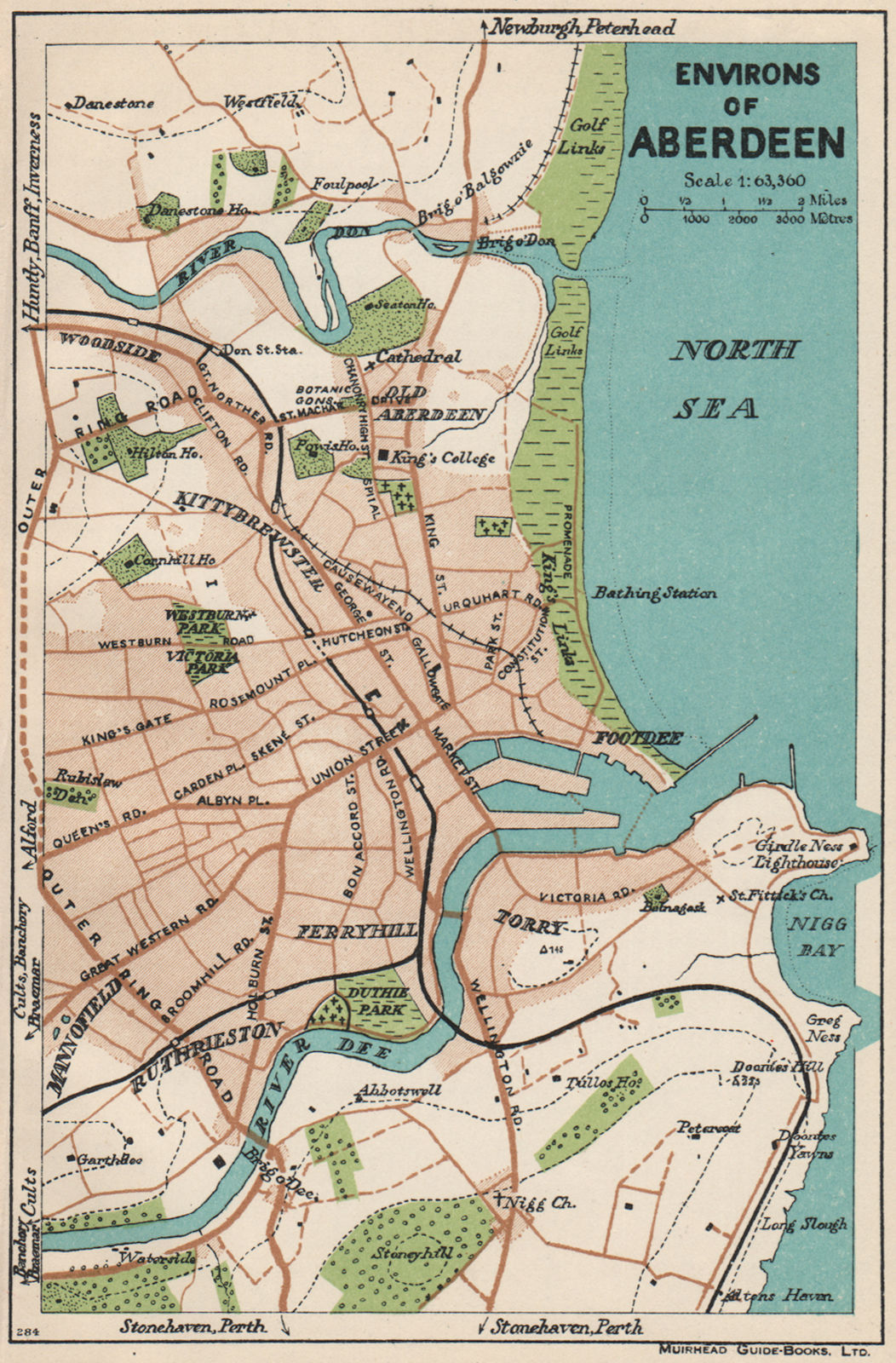 ENVIRONS OF ABERDEEN. Vintage town city map plan. Scotland 1932 old