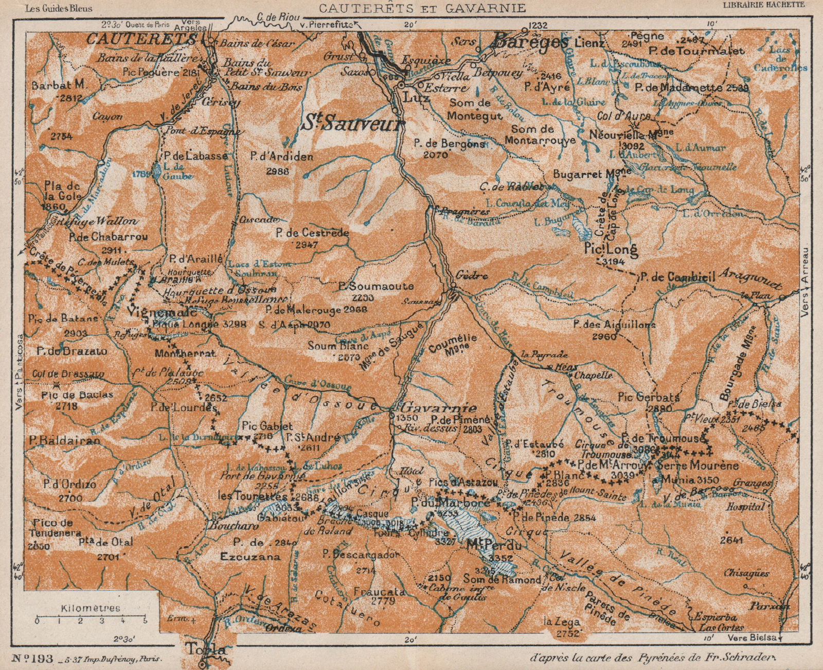 CAUTERETS ET GAVARNIE. Vintage map plan. Hautes-Pyrénées 1933 old vintage