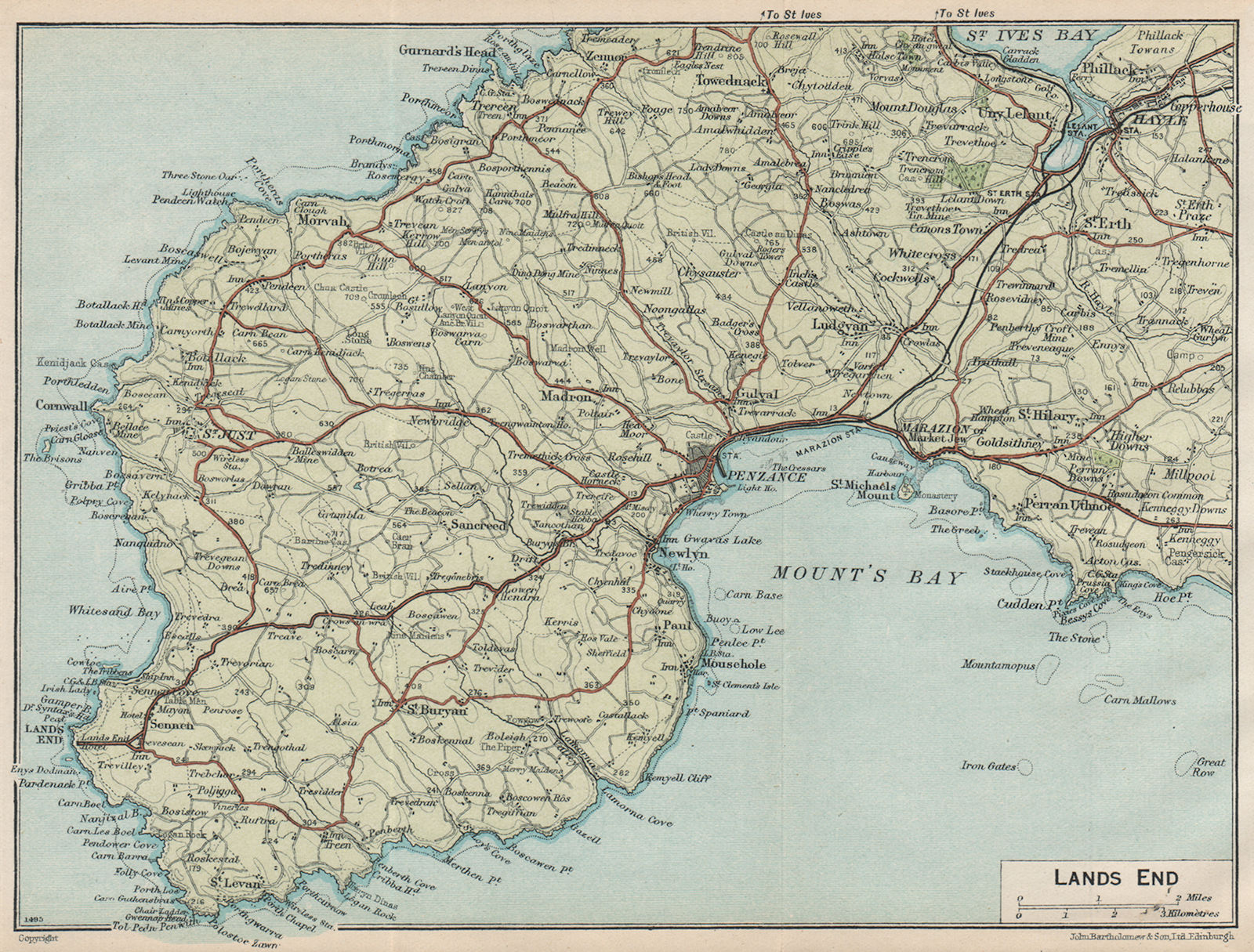 LANDS END. Vintage map plan. Penzance Marazion Hayle. Cornwall 1930 old