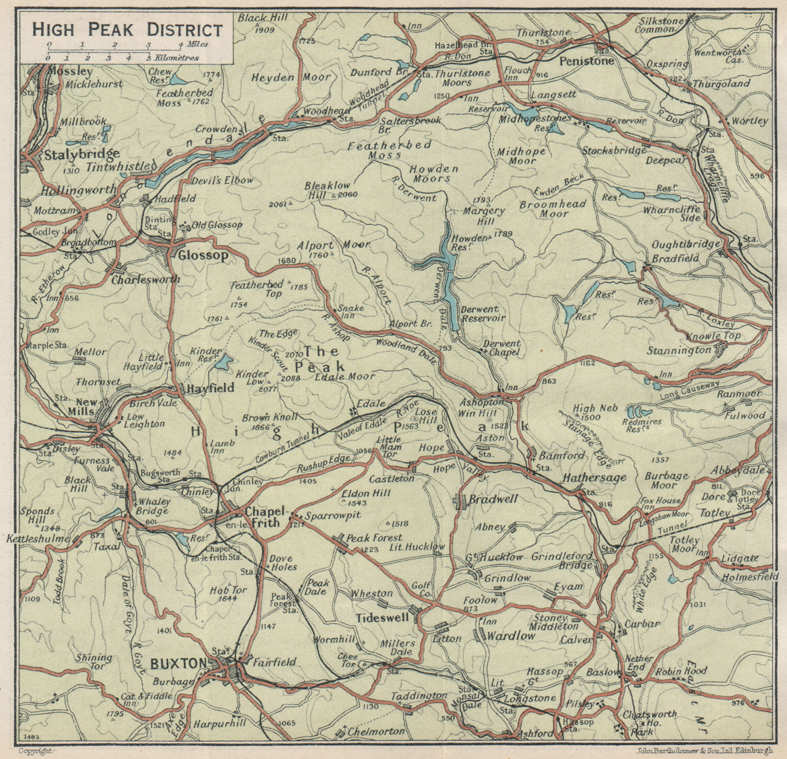 HIGH PEAK DISTRICT. Buxton Glossop Penistone Chatsworth. Derbyshire 1930 map
