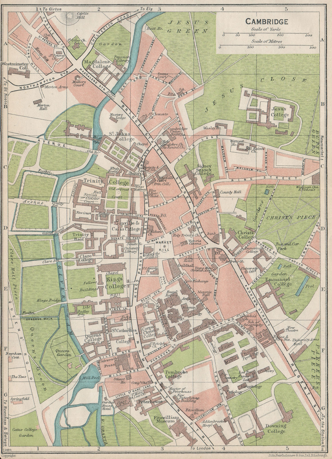 CAMBRIDGE. Vintage town city map plan. Colleges. Cambridgeshire 1930 old