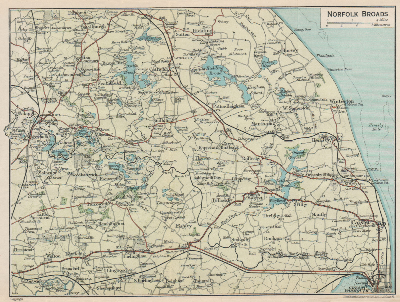 NORFOLK BROADS. Vintage map plan. Great Yarmouth. Hickling Broad 1930 old