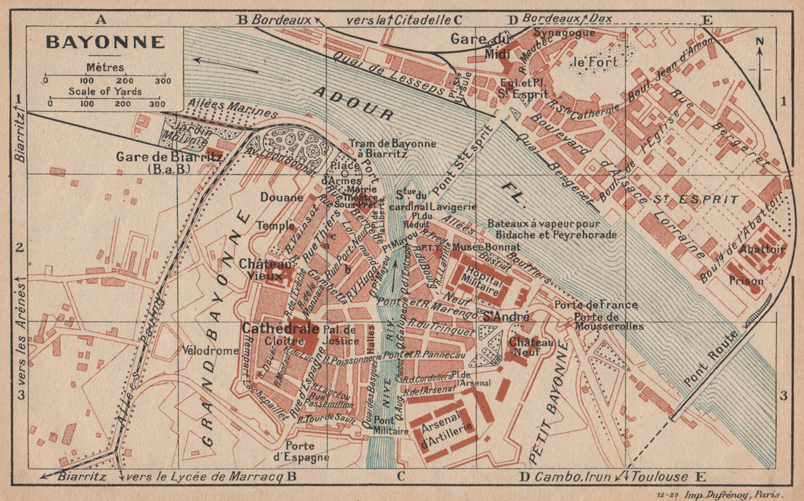 BAYONNE. Vintage town city map plan. Pyrénées-Atlantiques 1921 old