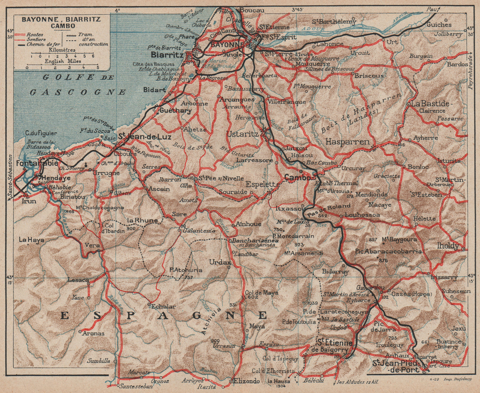 PAYS BASQUE FRANÇAIS.Bayonne Biarritz Cambo.Trails.Pyrénées-Atlantiques 1921 map