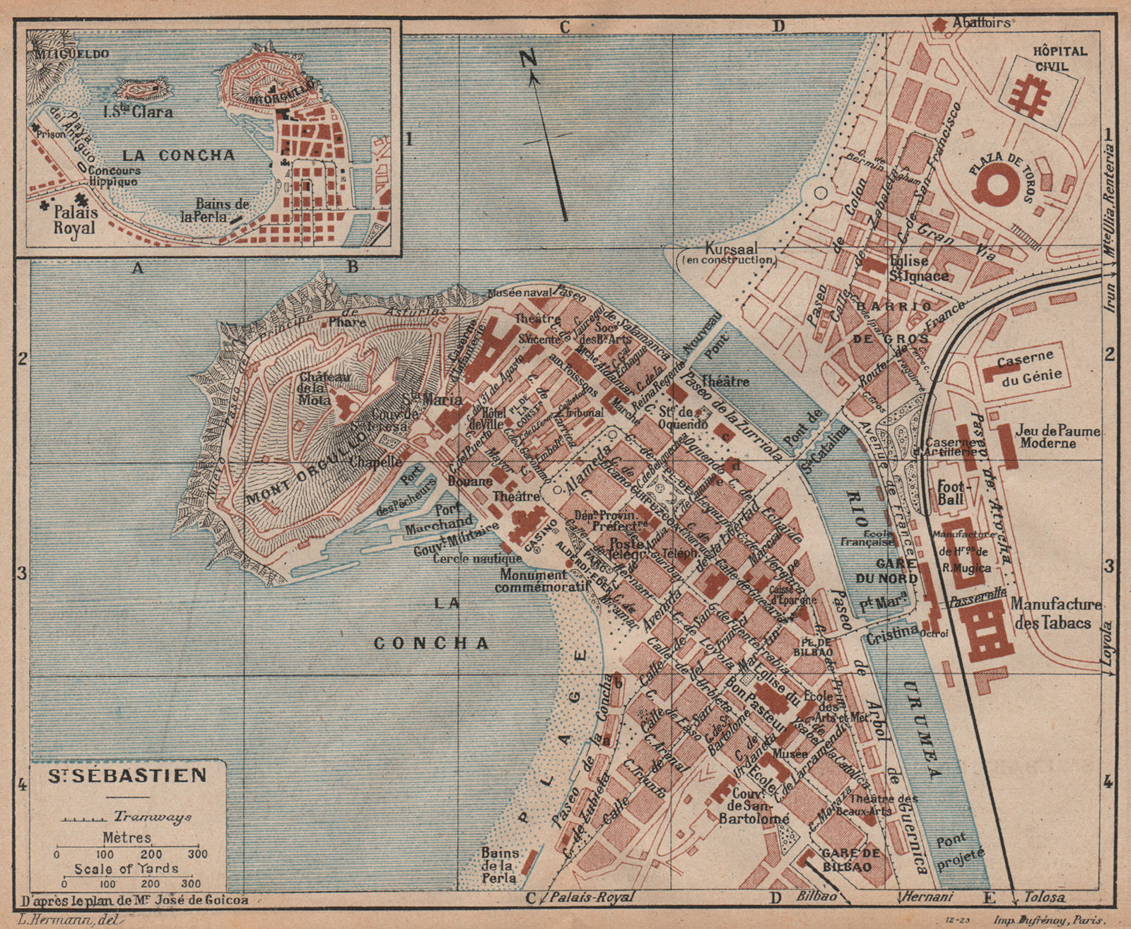 SAN SEBASTIAN. Vintage town city map plan. Spain. La Concha 1921 old