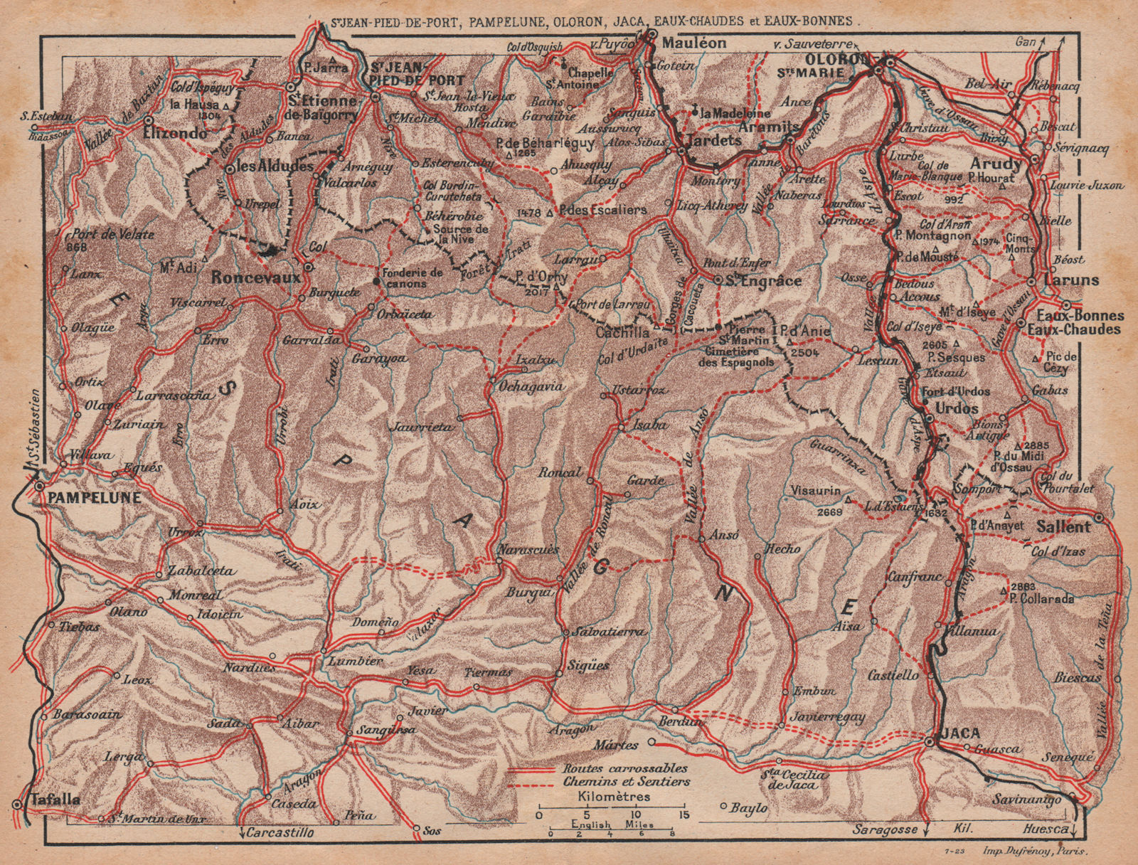 PYRENEES WEST.St Jean-Pied-de-Port Pamplona Eaux-Chaudes/Bonnes.Trails 1921 map