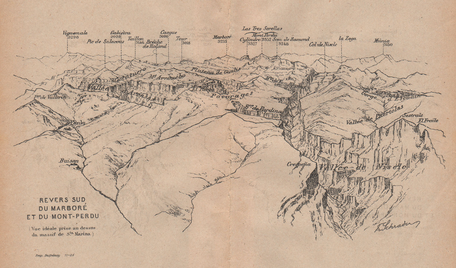 CANYON NISCLE CAÑÓN D'AÑISCLO. Monte Perdido Cilindro Marboré. Panorama 1921 map