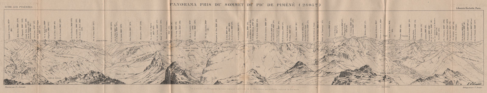 PIC DE PIMÉNÉ PANORAMA. Vintage plan. Hautes-Pyrénées 1921 old vintage map