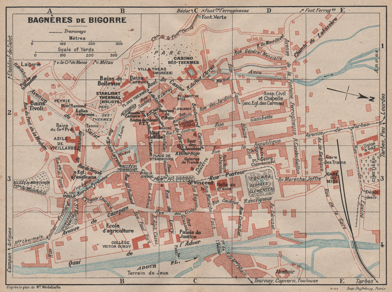 BAGNÈRES-DE-BIGORRE. Vintage town city map plan. Hautes-Pyrénées. Bagnères 1921