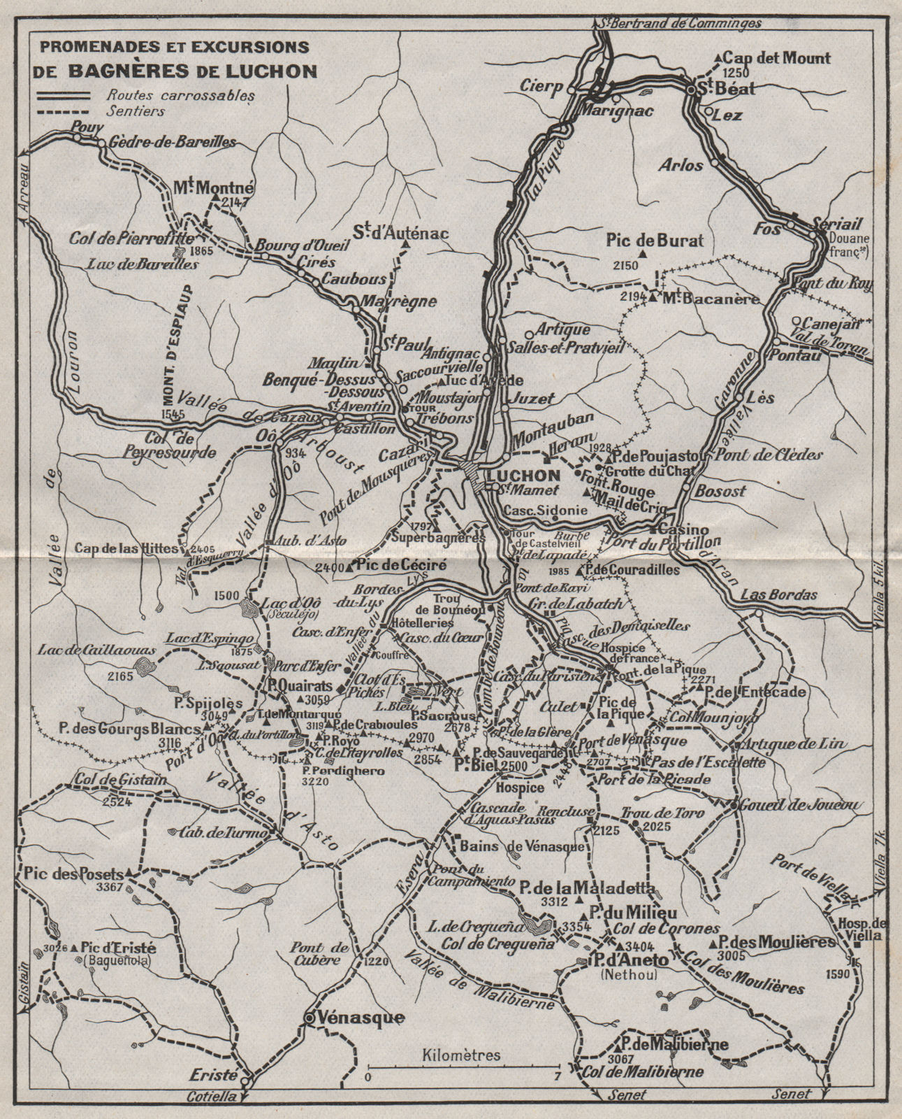 BAGNÈRES DE LUCHON ENVIRONS. Vintage walking map plan. Haute-Garonne 1921