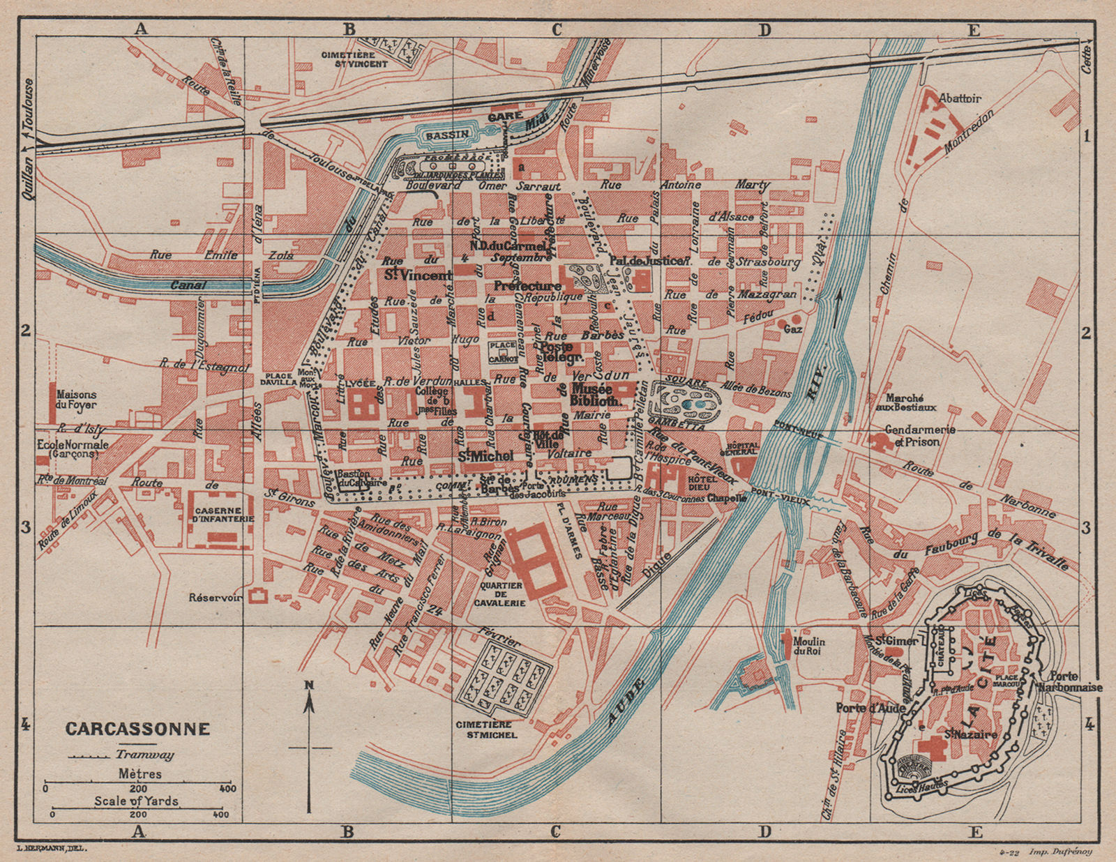 CARCASSONNE. Vintage town city map plan. Aude 1921 old antique chart