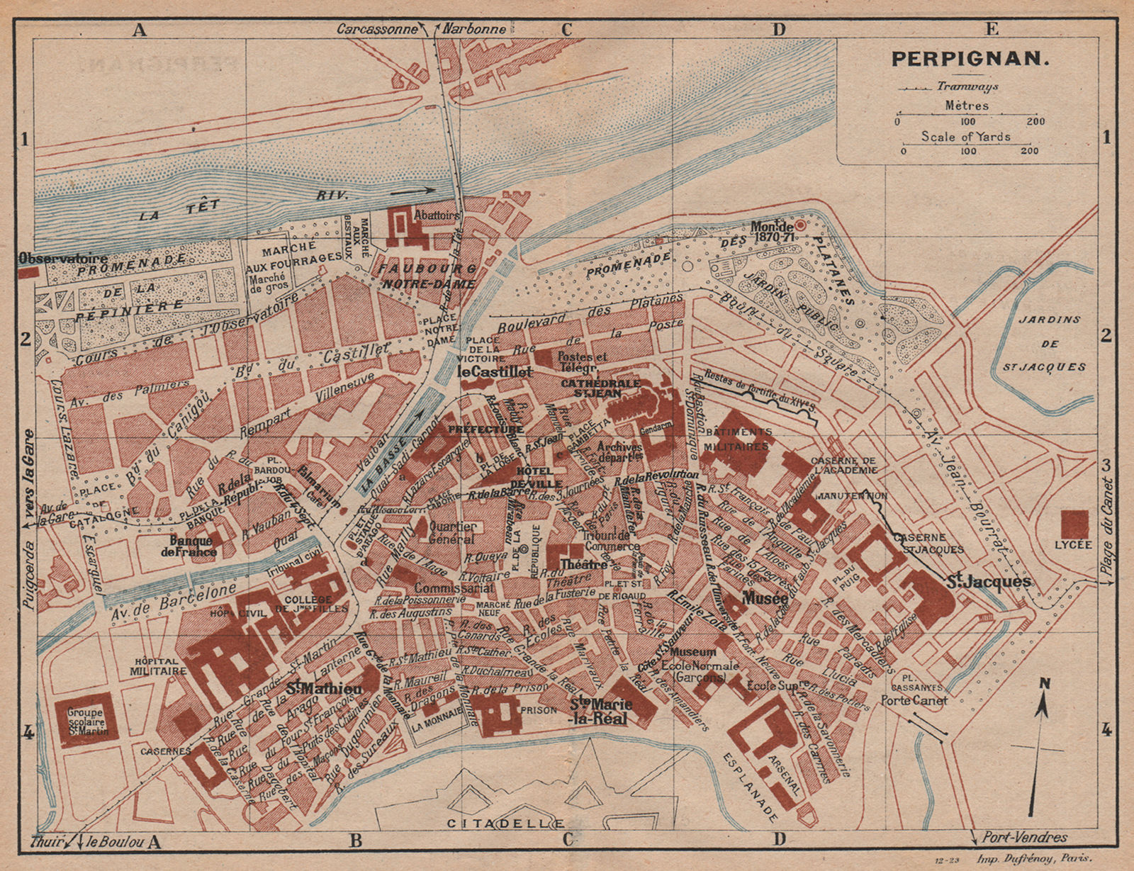 PERPIGNAN. Vintage town city map plan. Pyrénées-Orientales 1921 old