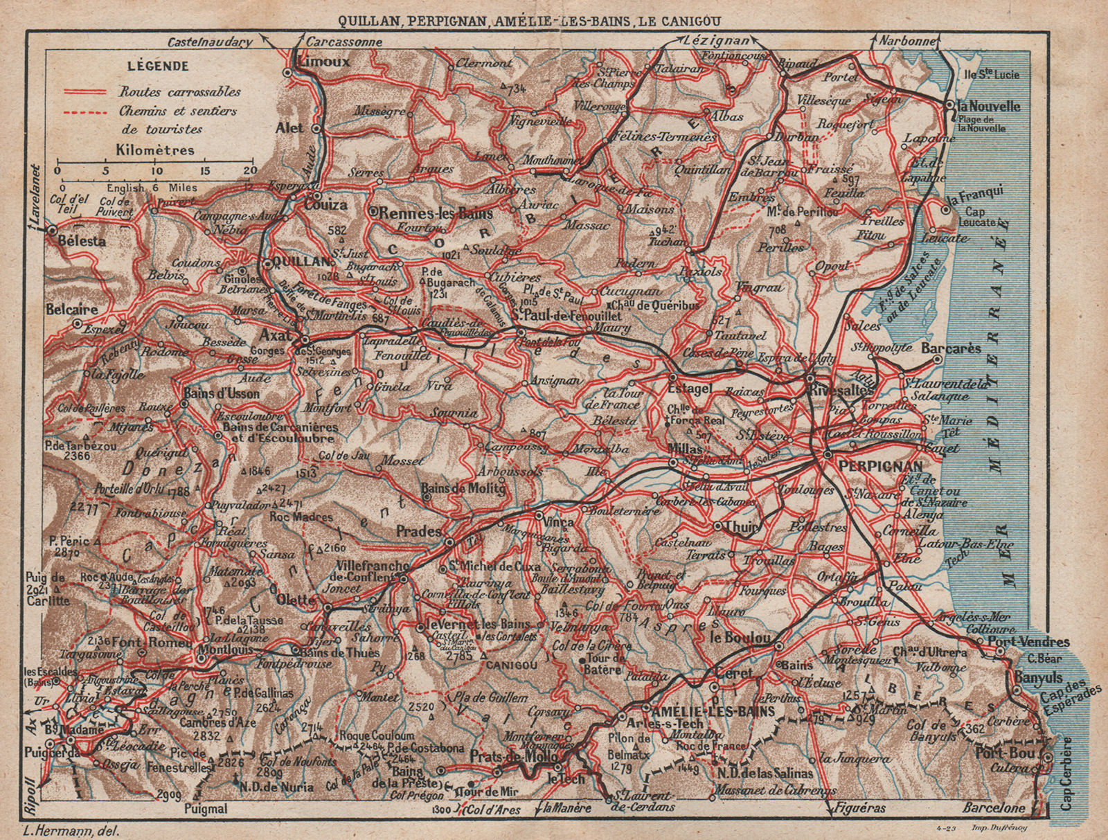 PYRÉNÉES-ORIENTALES LITTORAL.Quillan Perpignan Canigou Amélie-les-Bains 1921 map