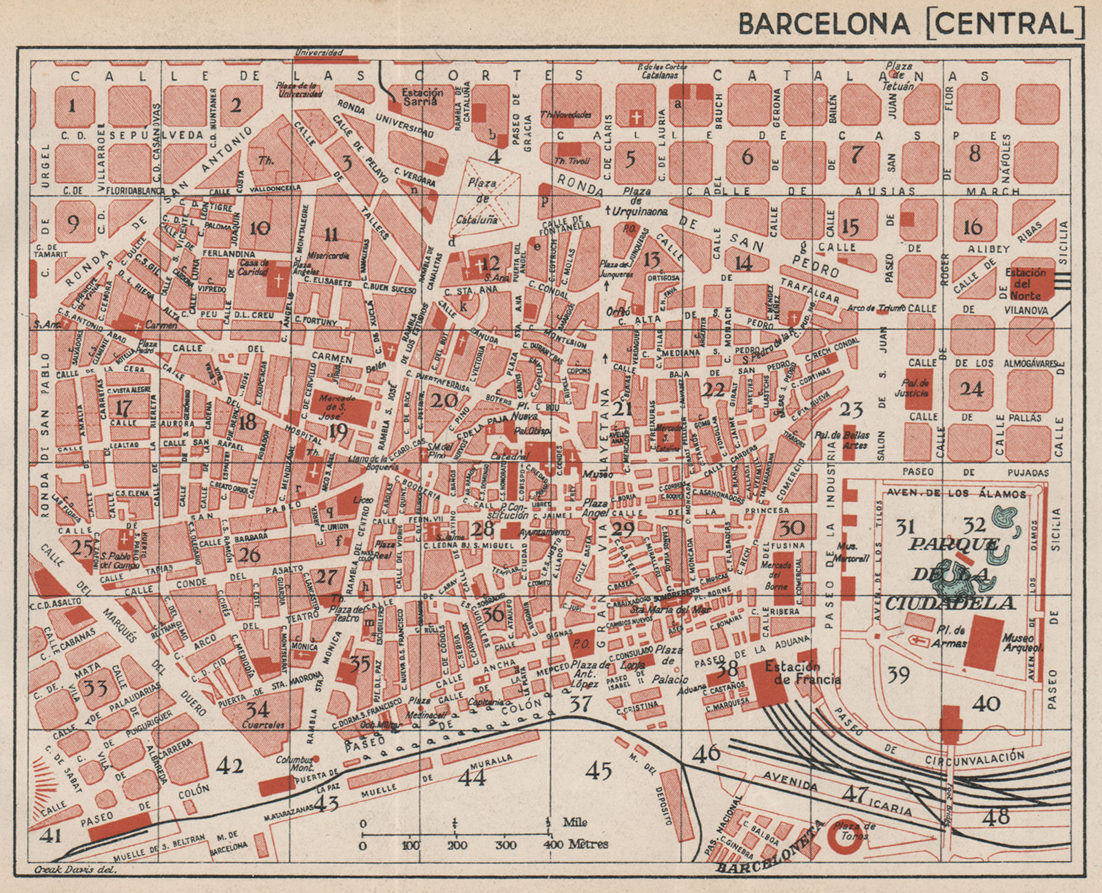 BARCELONA. Central. Vintage town city map plan. Spain 1930 old vintage