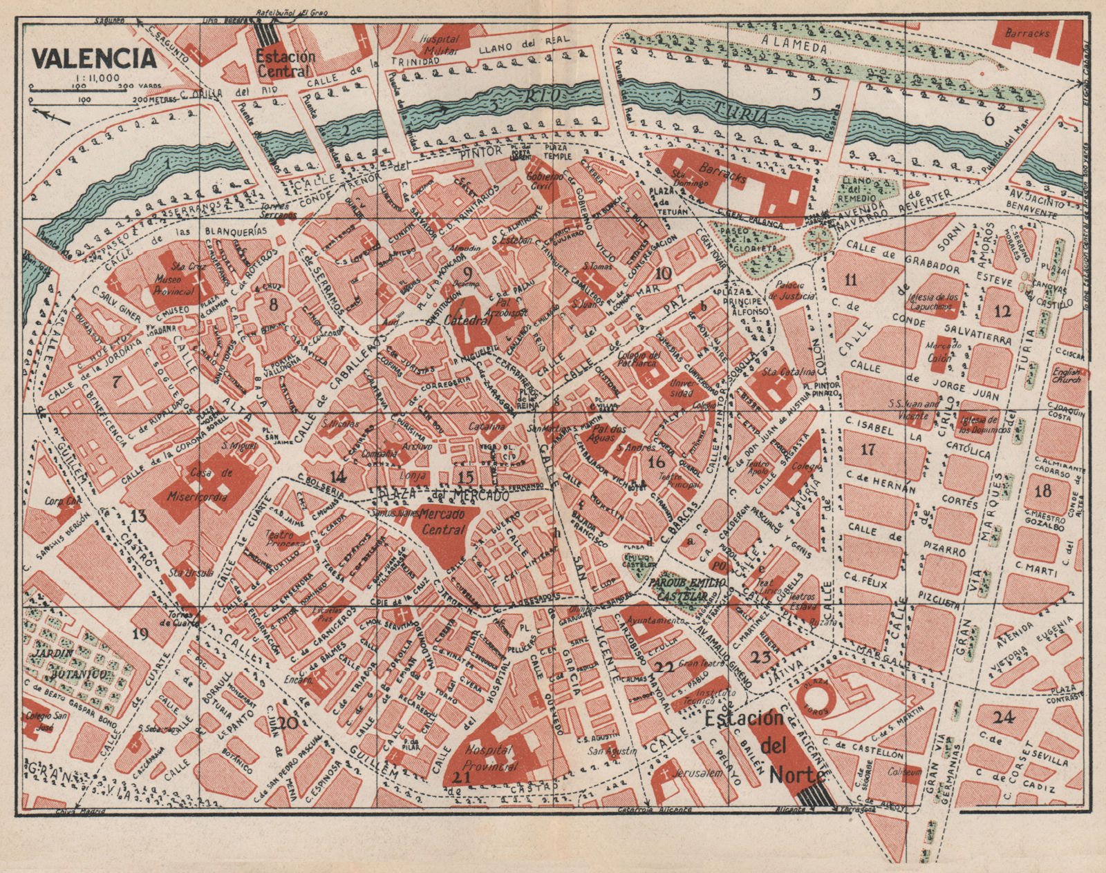 VALENCIA. Vintage town city map plan. Spain 1930 old vintage chart