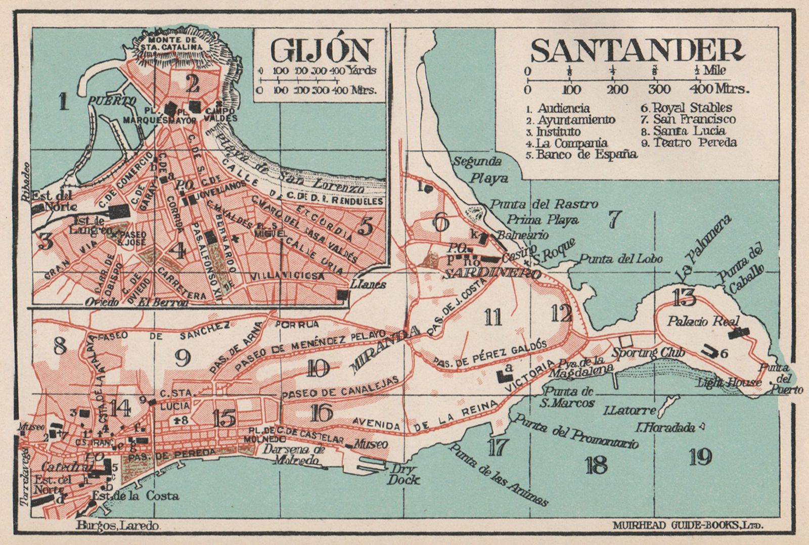 SANTANDER & GIJÓN GIJON. Vintage town city map plan. Spain 1930 old