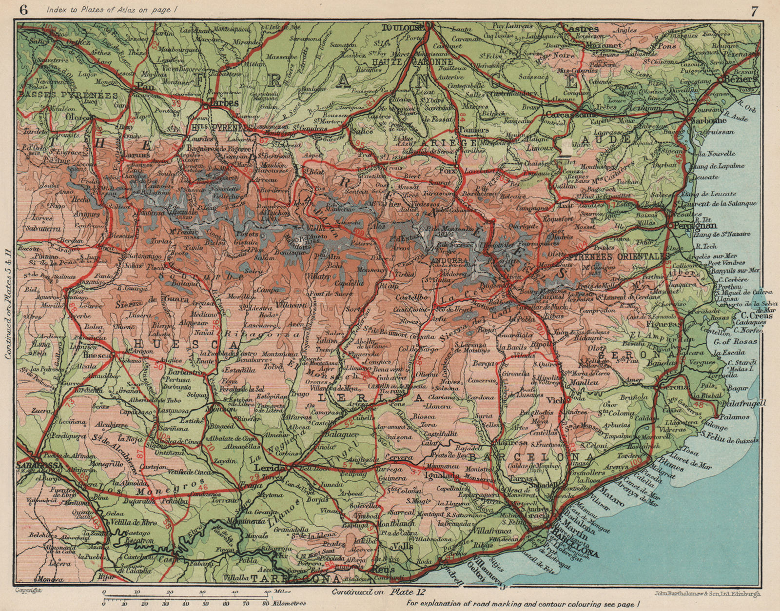 PYRENEES & CATALONIA (CATALUNYA) . Vintage map plan. France Spain 1930 old