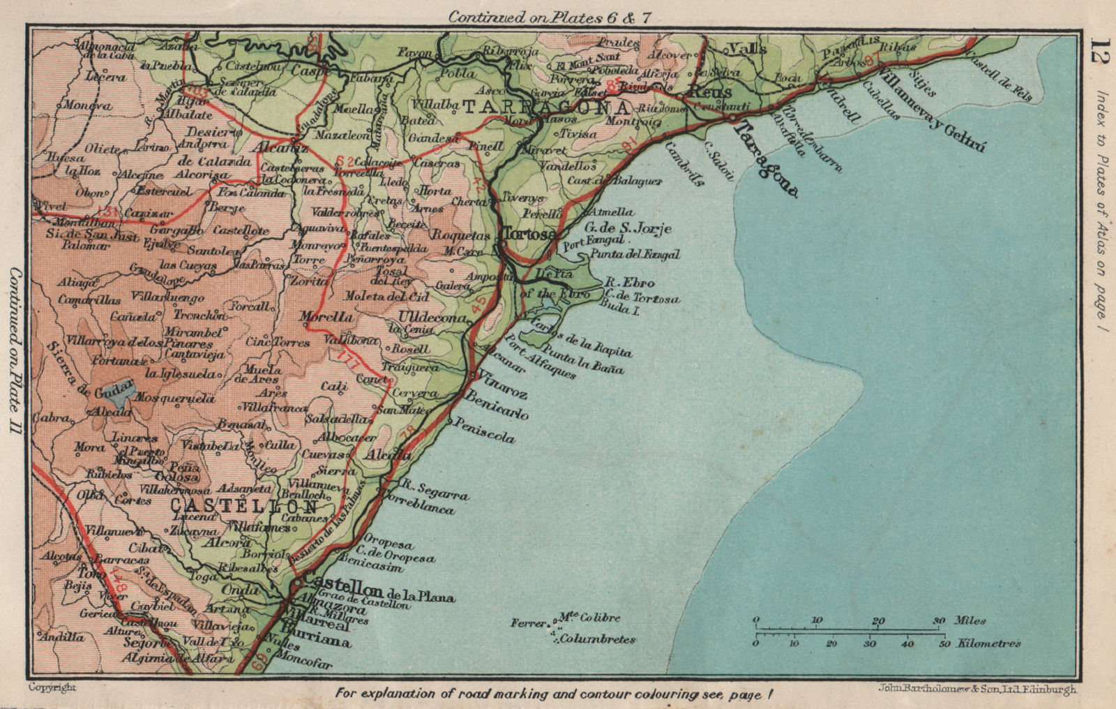 SPAIN NE COAST. Costa del Azahar Costa Dorada. Tarragona Castellon 1930 map