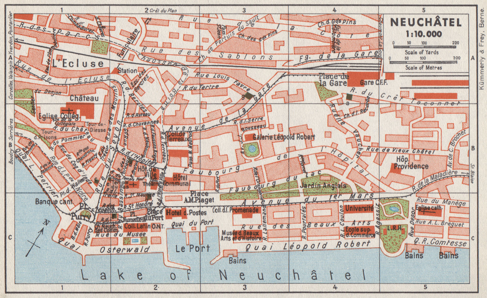 NEUCHÂTEL. Vintage town city map plan. Switzerland 1948 old vintage chart