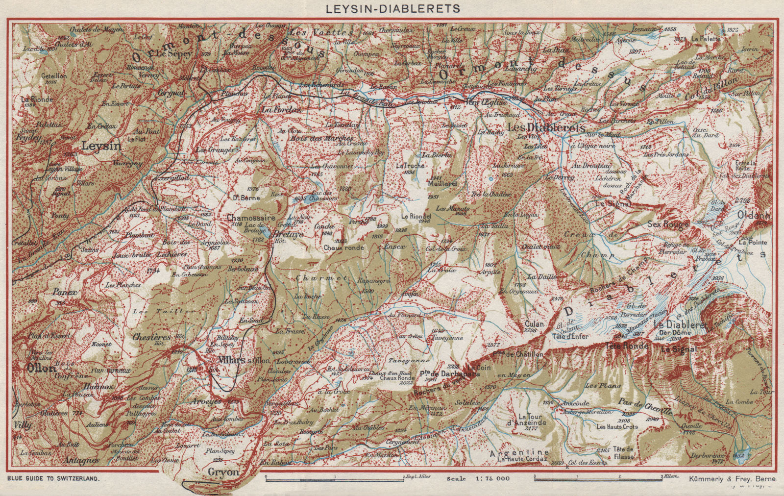 Associate Product GRANDE-EAU VALLÉE. Leysin Diablerets. Vaud. Vintage map. Switzerland 1948