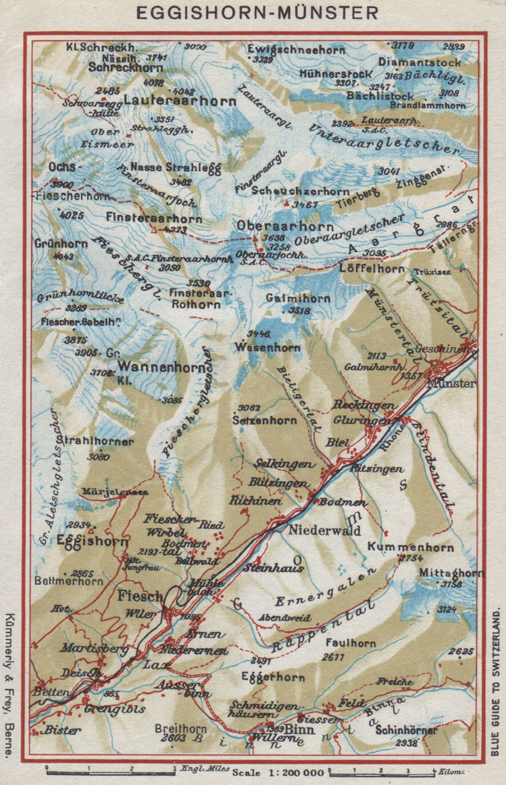 Associate Product EGGISHORN-MÜNSTER-GESCHINEN. Ernen Fiesch Bellwald. Switzerland 1948 old map