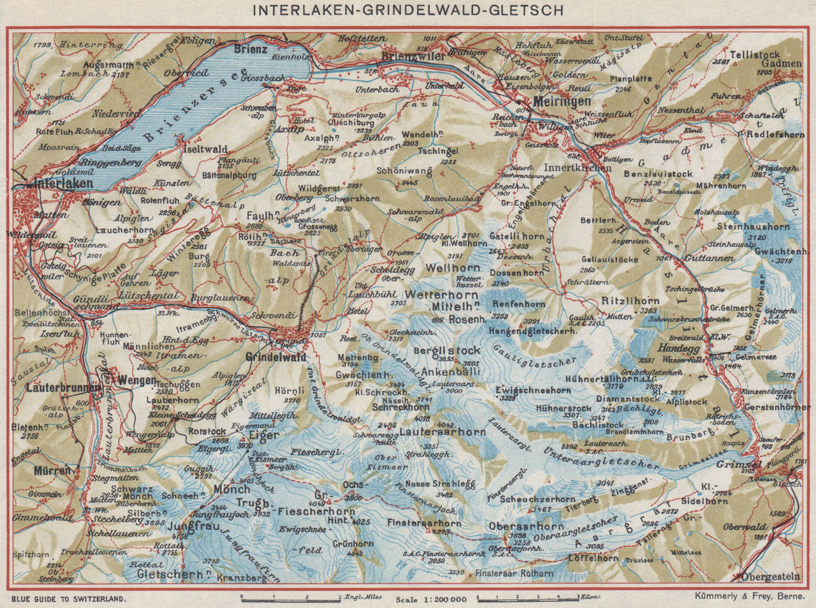 INTERLAKEN-GRINDELWALD-GLETSCH. Brienz Axalp Jungfrau Wengen Mürren 1948 map
