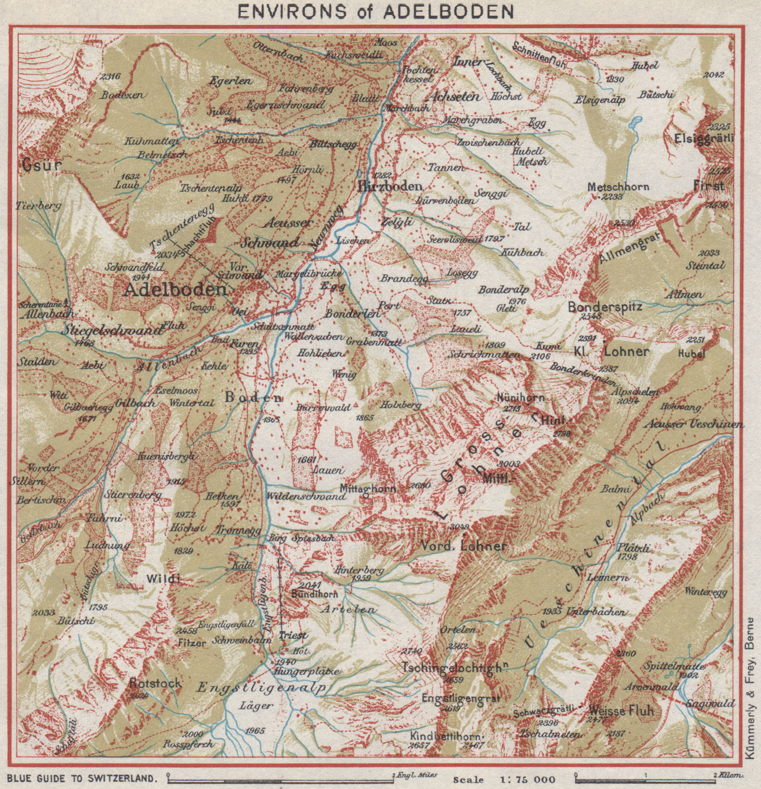 ADELBODEN ENVIRONS. Hirzboden. Vintage map plan. Switzerland 1948 old