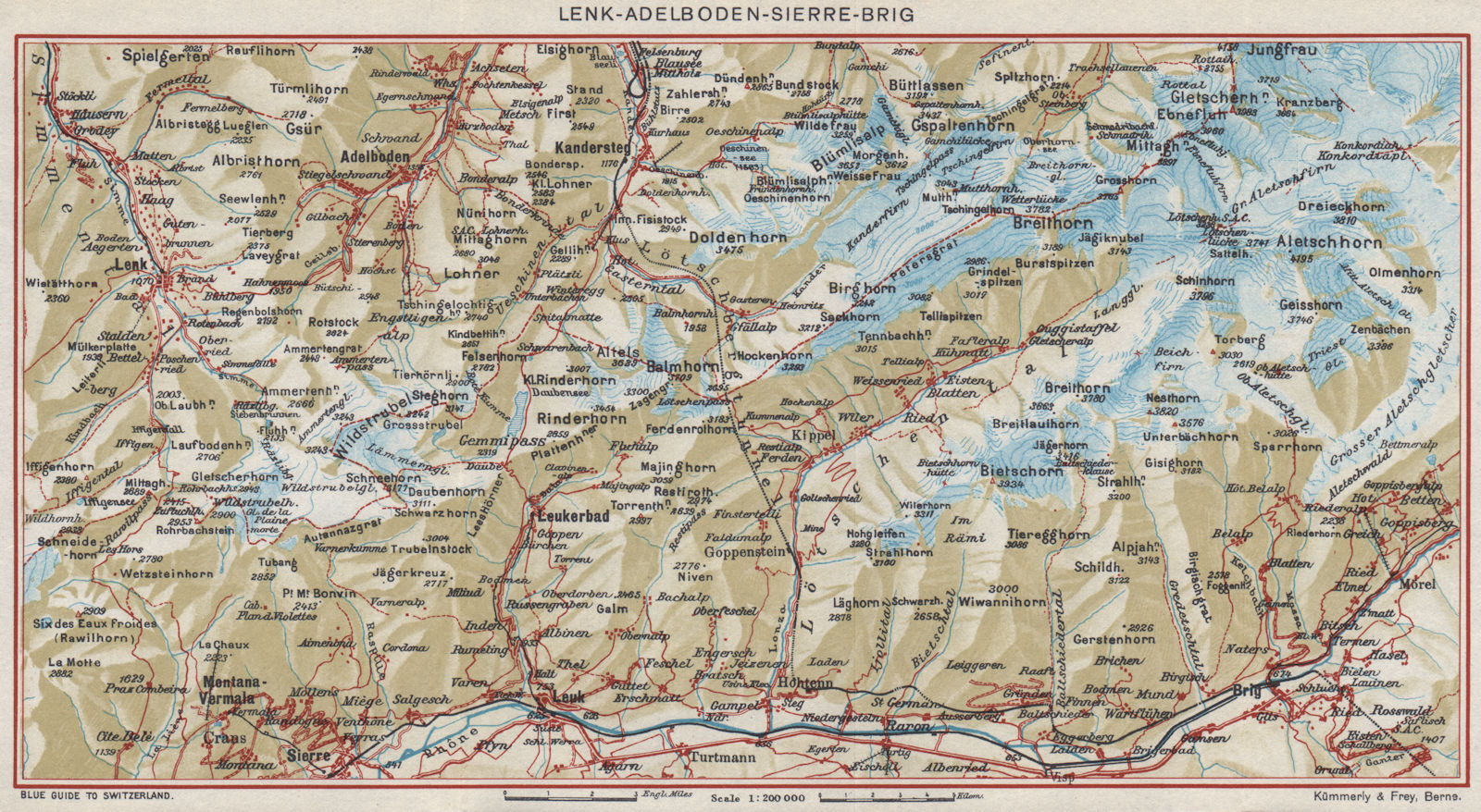 Associate Product LENK-ADELBODEN-SIERRE-BRIG. Leukerbad Kanderstag Crans-Montana Aminona 1948 map