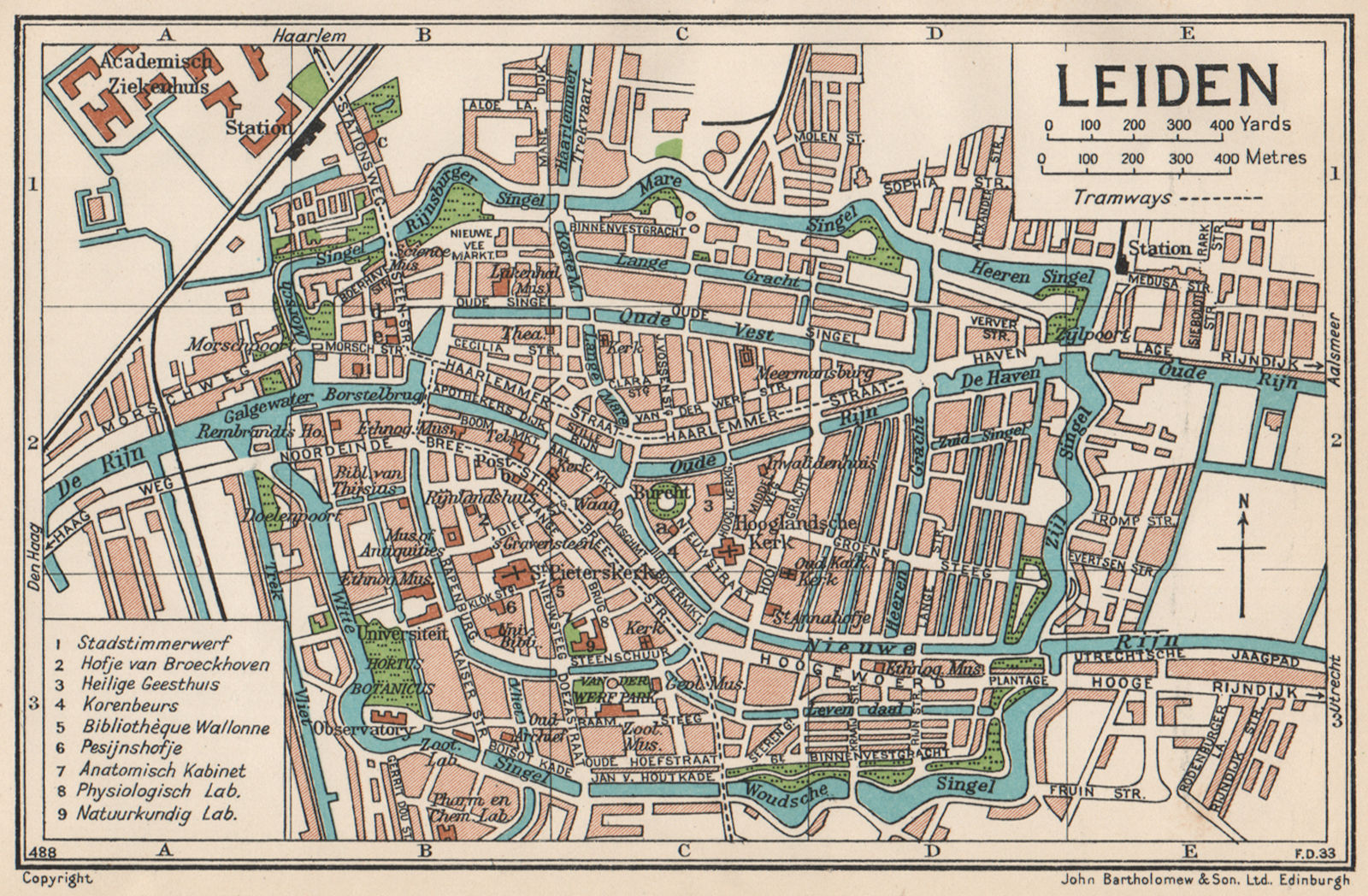 LEIDEN. Vintage town city map plan. Netherlands 1933 old vintage chart