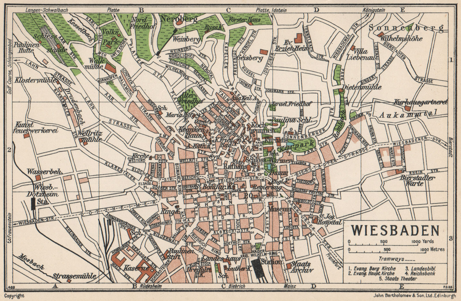 WIESBADEN. Vintage town city map plan. Germany 1933 old vintage chart