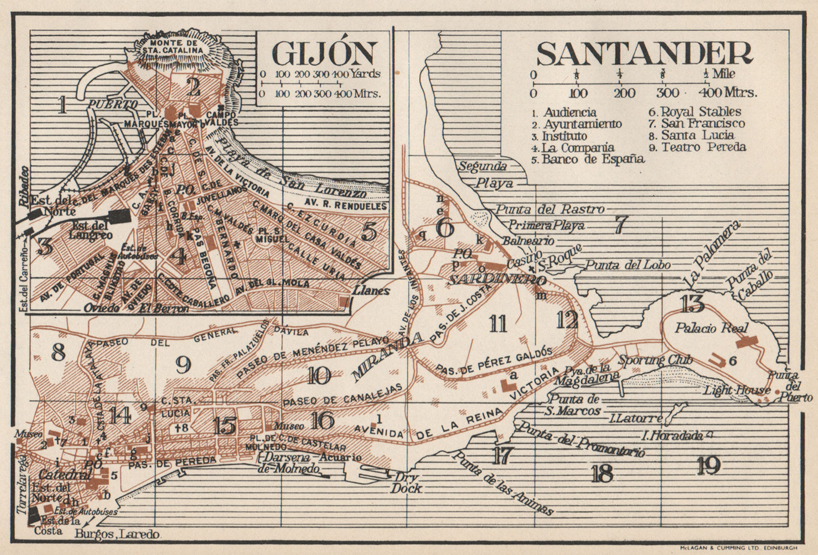 SANTANDER GIJON. Vintage town city map plan. Spain. Gijón 1958 old vintage