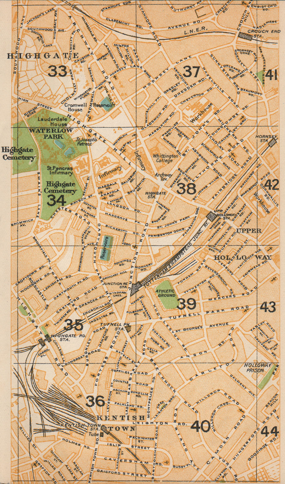 LONDON N. Kentish Town Archway Highgate Cemetery Tufnell Park Holloway 1927 map