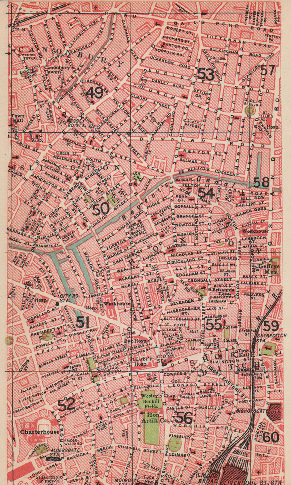 LONDON N. Canonbury Islington Old Street Shoreditch Barbican Hoxton 1927 map