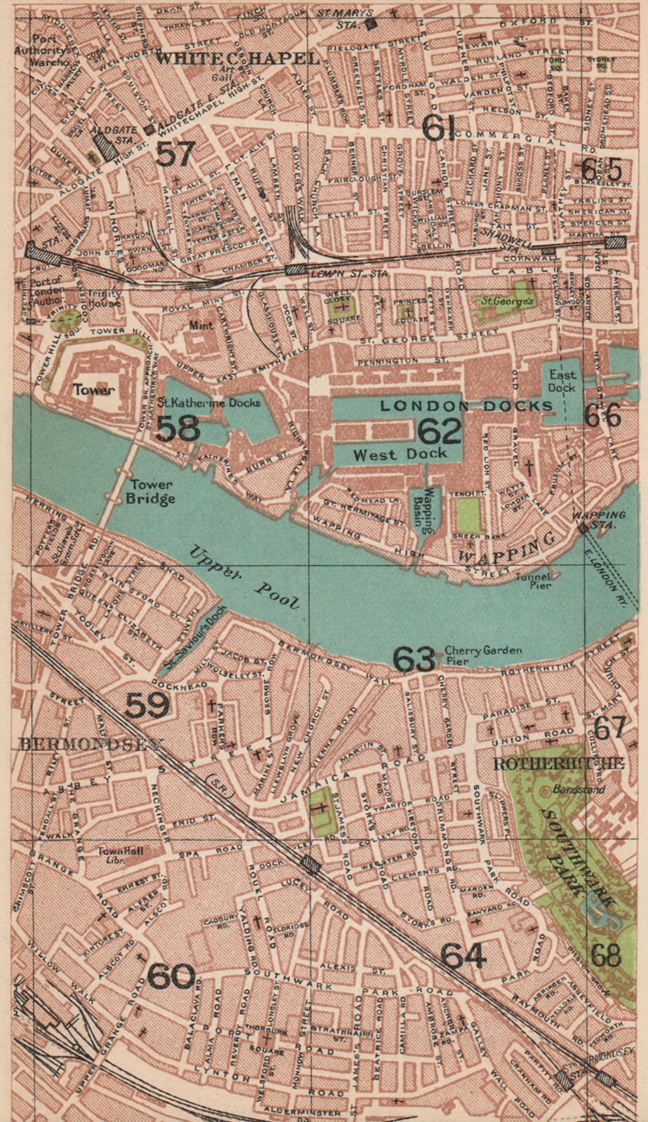 LONDON E.Whitechapel Wapping Bermondsey Rotherhithe Shadwell Tower Hill 1927 map